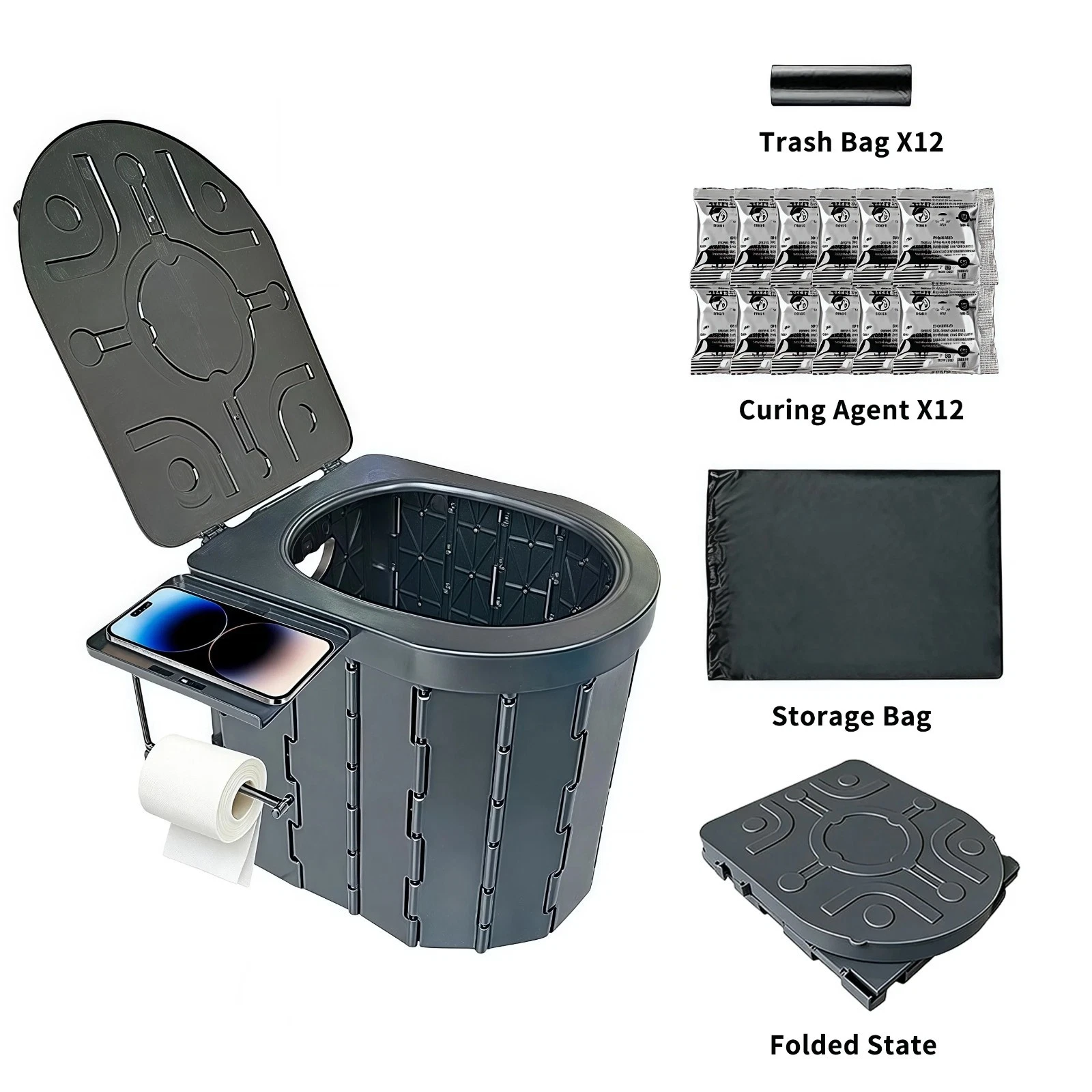 Portable Camping Toilet Folding Travel Toilet Lid Roll Holder Seat Cushion Phone