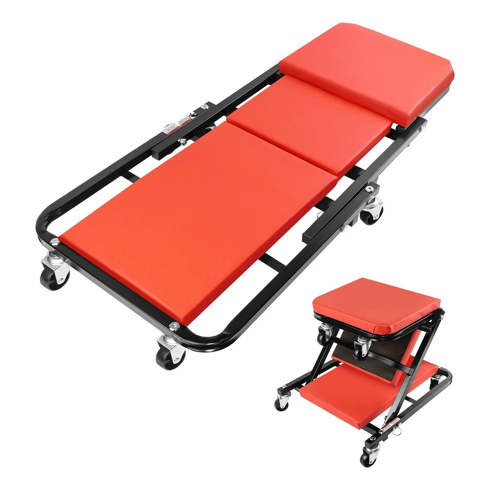 2-in-1 Folding Car Creeper Mechanic Seat, Padded Rolling Garage Stool 150kg DIY