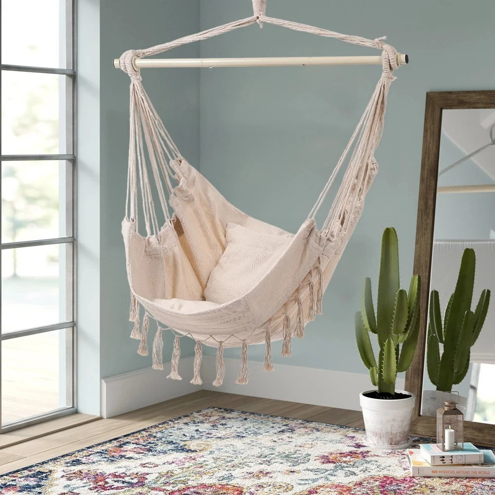 Hanging Chair Swing Seat Cushion Tassels Canvas Outdoor 200kg for Homes