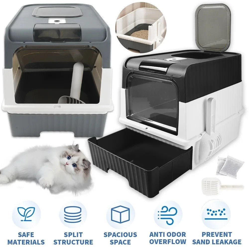 Enclosed Cat Litter Box Hooded Toilet Tray with Scoop Odour Control 48x35x36cm