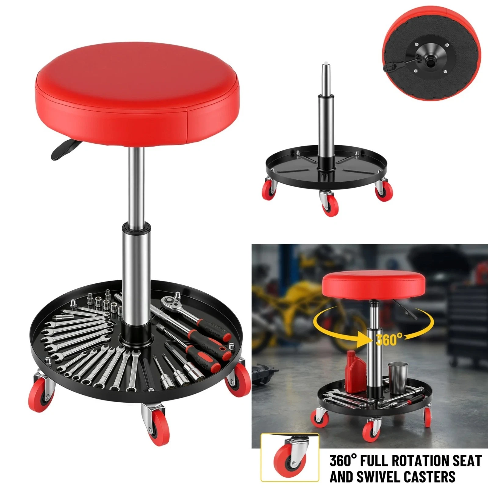 Rolling Mechanic Stool 360° Swivel Adjustable Height Garage Seat Tool Tray 300lb