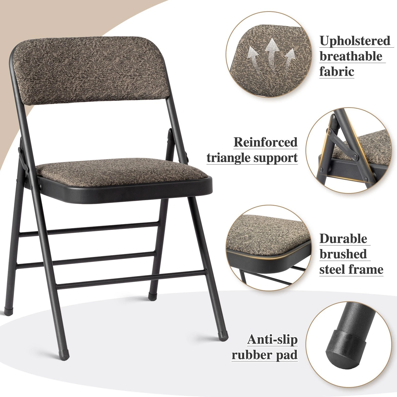 Folding Padded Chair Black Fabric Seat Backrest Portable Steel Frame Home Office