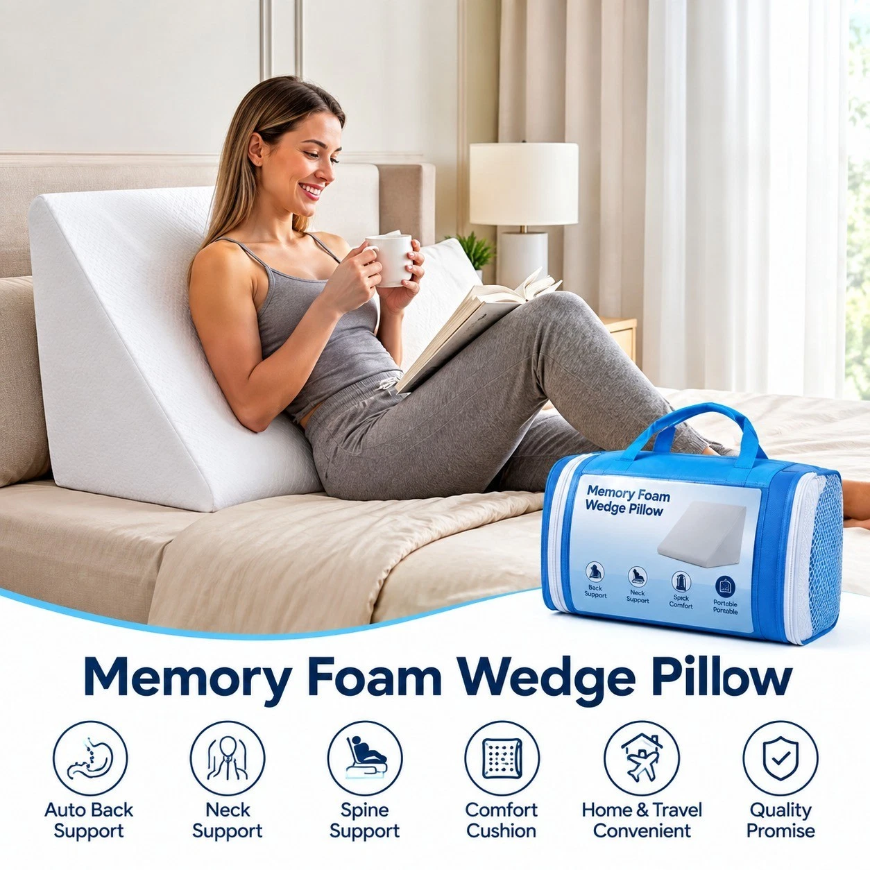 Memory Foam Wedge Pillow for Back, Leg & Knee Support