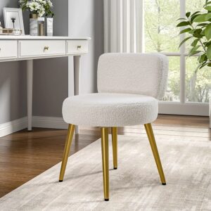 Cream Faux Fur Vanity Stool Chair with Gold Metal Legs | Soft Makeup Chair for Bedroom, Dressing Table, Living Room