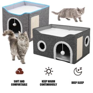 Foldable Cat House with Scratching Board & Hanging Ball | Multi-Level Cat Cube Hideaway Bed | Cozy Cat Condo for Indoor Cats