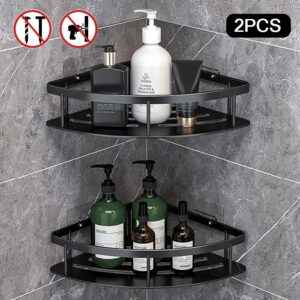 2 Tier Bathroom Corner Shower Caddy Shelf | Aluminum Wall Mounted Storage Rack with Hooks, Rustproof Shower Organizer for Bathroom & Kitchen