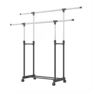 Adjustable Double Clothes Rack with Wheels | Extendable Garment Rail & Coat Stand with Shoe Storage, Heavy Duty Clothing Organizer for Bedroom