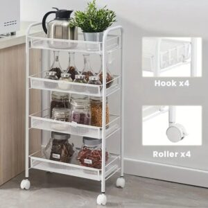 3-Tier Rolling Storage Cart with Wheels & Hooks | Multi-Purpose Kitchen, Bathroom & Bedroom Organizer | Space Saving Mobile Trolley Rack