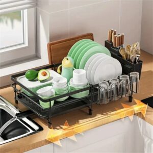 Extendable Dish Drying Rack with Drainboard & Cutlery Holder | Kitchen Counter Dish Drainer, Adjustable Storage Rack with Rotating Spout