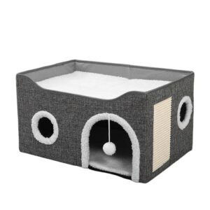 Foldable Cat House with Scratching Board & Hanging Ball | Multi-Level Cat Cube Hideaway Bed | Cozy Cat Condo for Indoor Cats