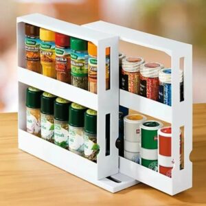 2 Tier Rotating Spice Herb Rack Holder Kitchen Jar Pull-Out Organiser Storage Canister White Premium Plastic 28cm W x 10.2cm D x 27.5cm H Space-Saving Design