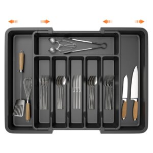 Cutlery Drawer Organiser, 33-57CM Expandable Utensil Tray for Kitchen with 8 Compartment Holders,for Spoons Forks Knives