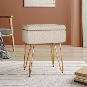 Rectangular Upholstered Storage Stool with Hidden Compartment for Makeup & Essentials Multifunctional Vanity Seat for Bedrooms & Dressing Tables Gold Metal Legs
