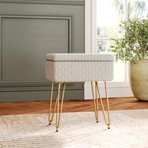 Rectangular Upholstered Storage Stool with Hidden Compartment for Makeup & Essentials Multifunctional Vanity Seat for Bedrooms & Dressing Tables Gold Metal Legs