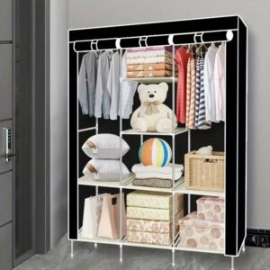 Canvas Wardrobe Clothes Closet Organizer Portable Storage Cupboard for Bedroom 128x45x170cm Fabric Closet with High Base Design & Ample Storage Space