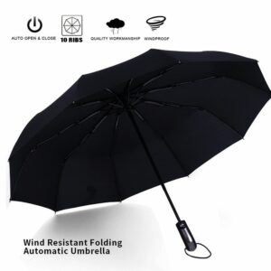 Automatic Open Close Umbrella 10-Rib Windproof Folding Travel Umbrella | Compact & Lightweight